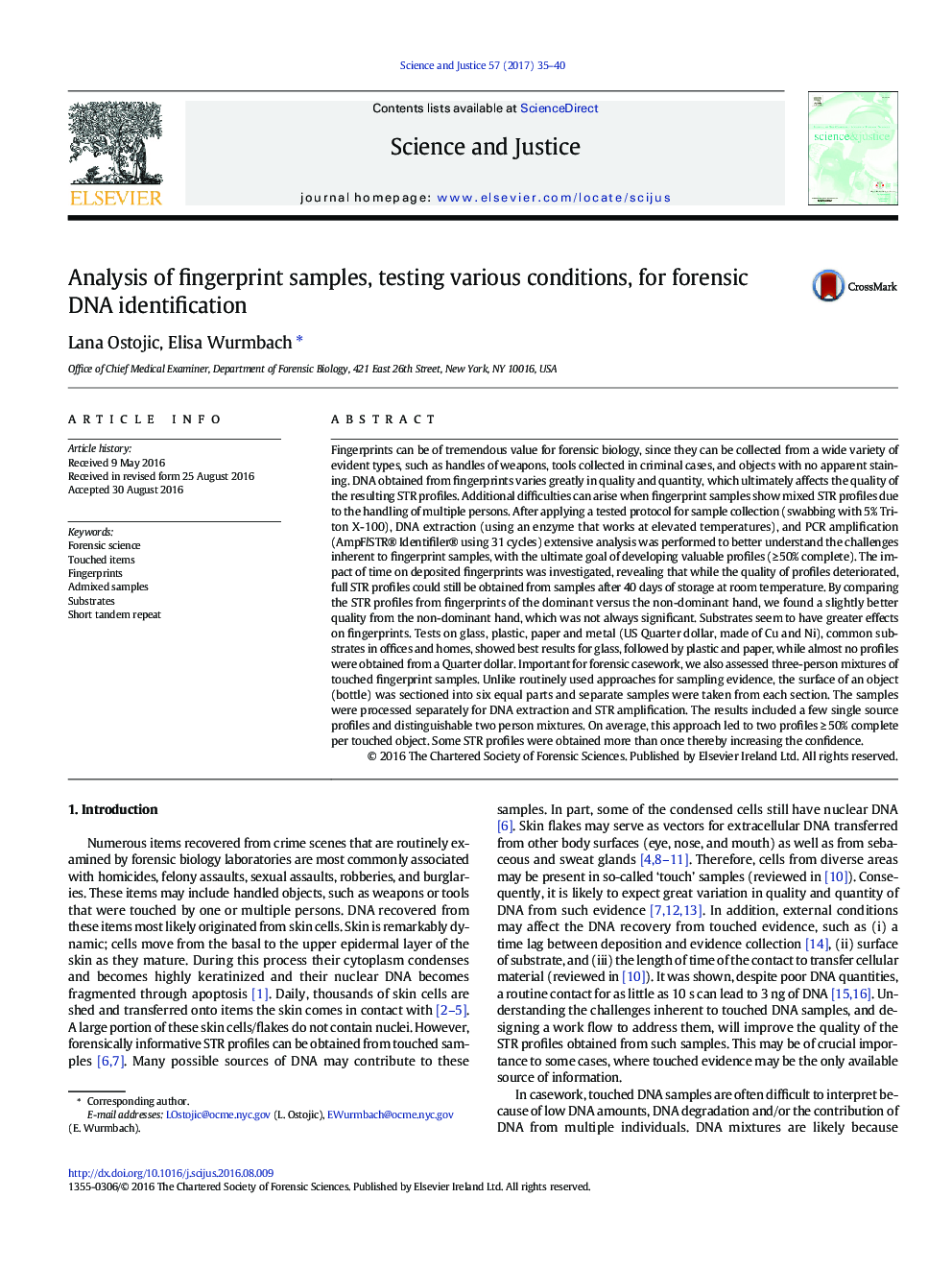 عکس صفحه اول مقاله: Analysis of fingerprint samples, testing various conditions, for forensic DNA identification Analysis of fingerprint samples, testing various conditions, for forensic DNA identification