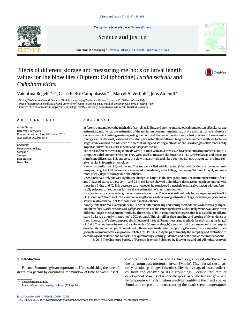 تأثیر روش های ذخیره سازی و اندازه گیری های مختلف بر روی طول لارو برای موش صحرایی (Diptera: Calliphoridae) Lucilia sericata و Calliphora vicina