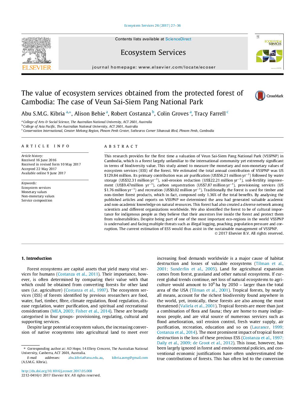 The value of ecosystem services obtained from the protected forest of Cambodia: The case of Veun Sai-Siem Pang National Park