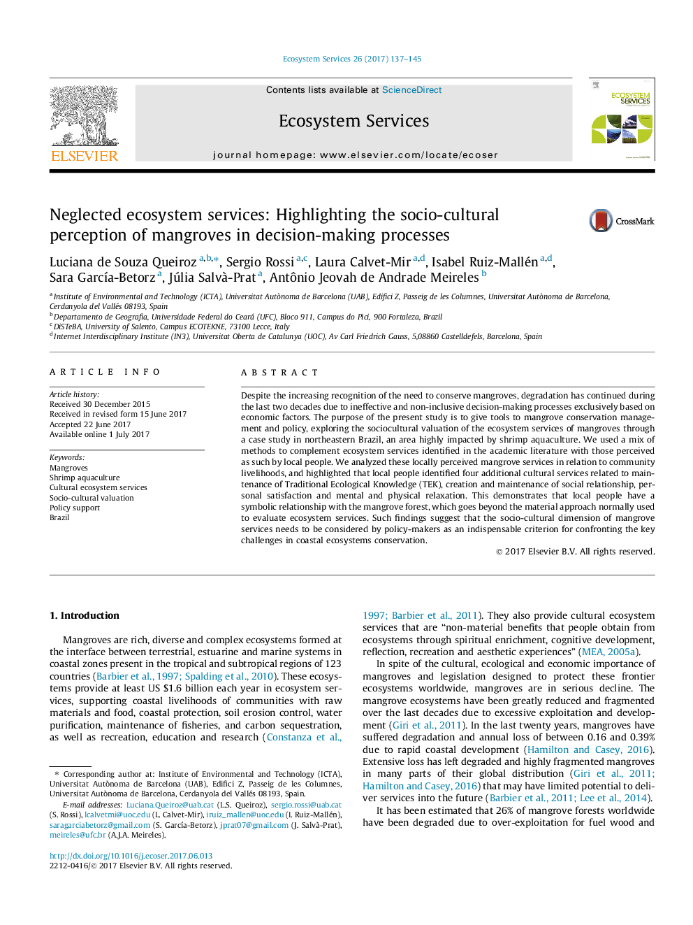 Neglected ecosystem services: Highlighting the socio-cultural perception of mangroves in decision-making processes