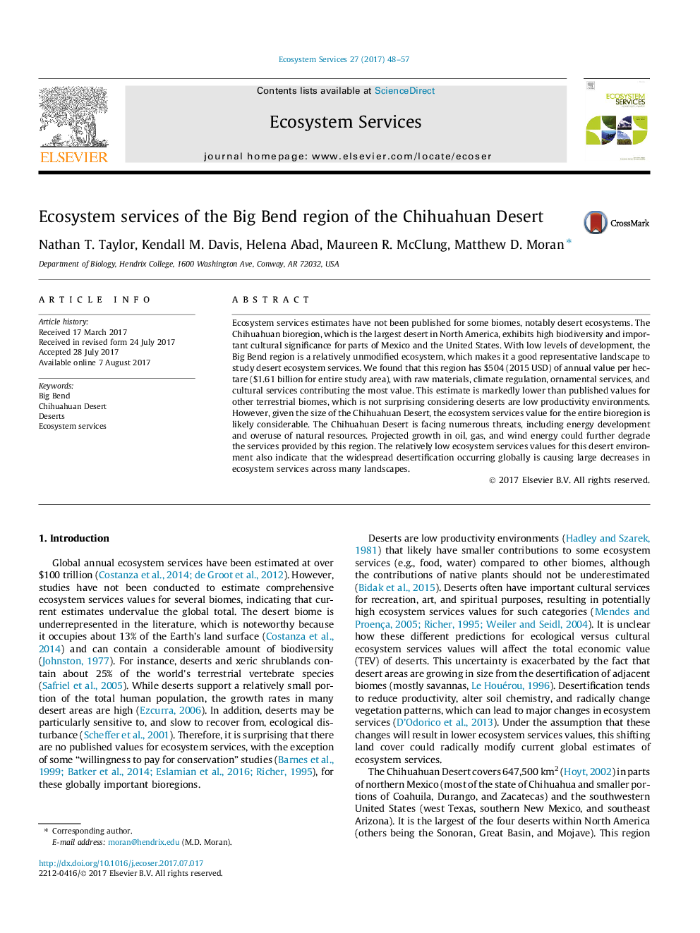 Ecosystem services of the Big Bend region of the Chihuahuan Desert