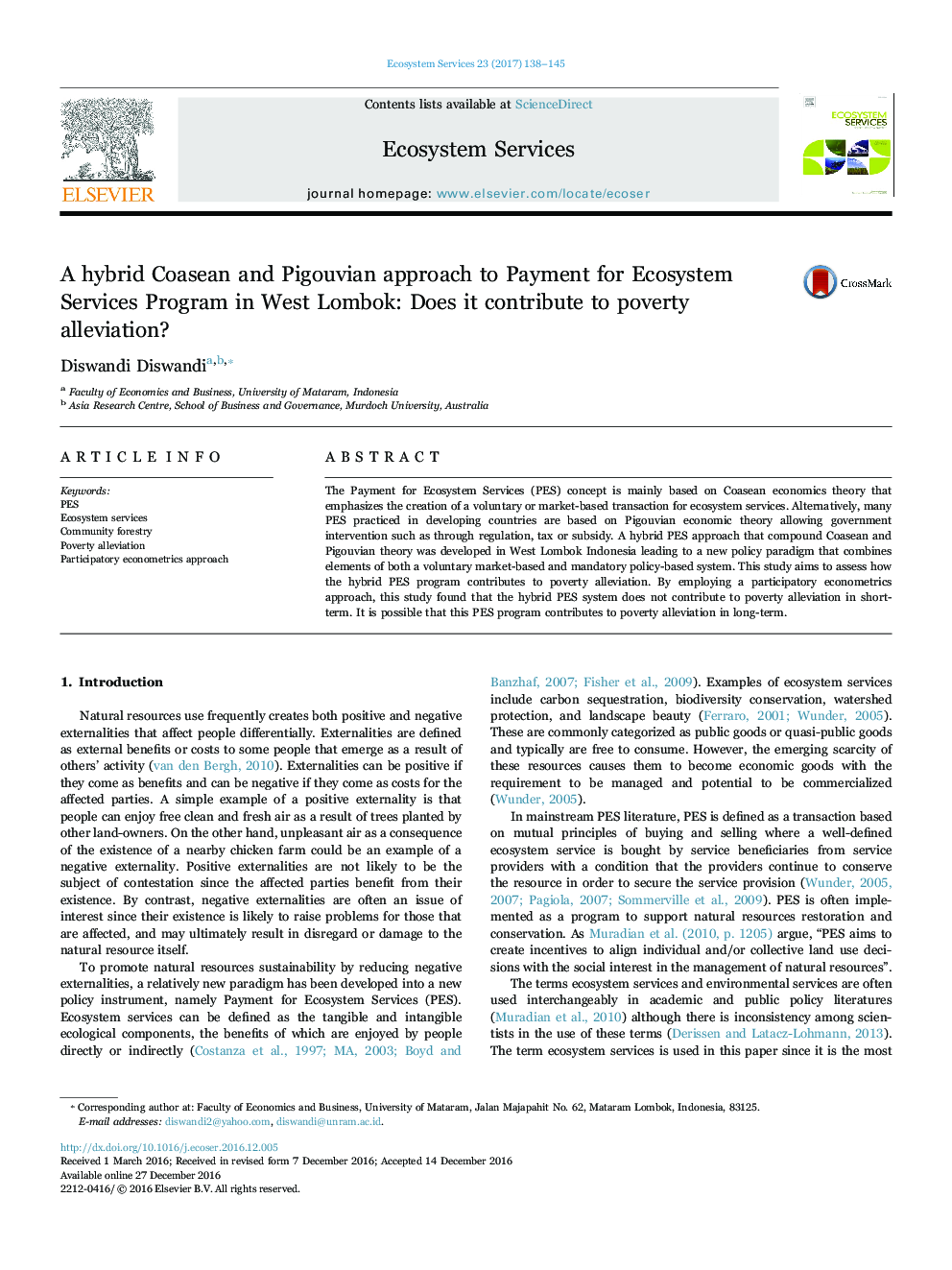 A hybrid Coasean and Pigouvian approach to Payment for Ecosystem Services Program in West Lombok: Does it contribute to poverty alleviation?