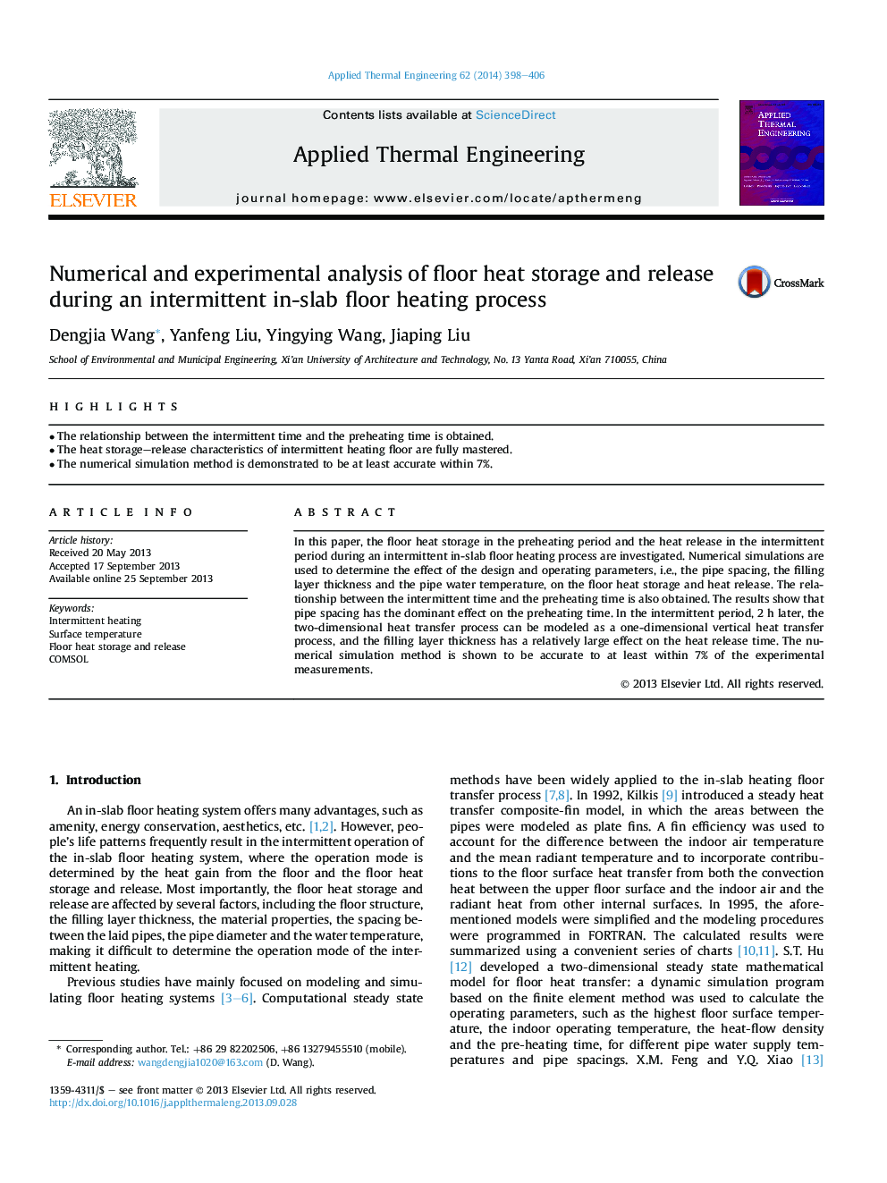 Numerical and experimental analysis of floor heat storage and release during an intermittent in-slab floor heating process