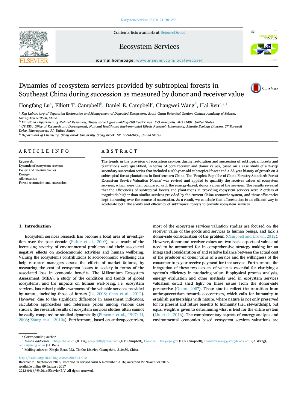 Dynamics of ecosystem services provided by subtropical forests in Southeast China during succession as measured by donor and receiver value