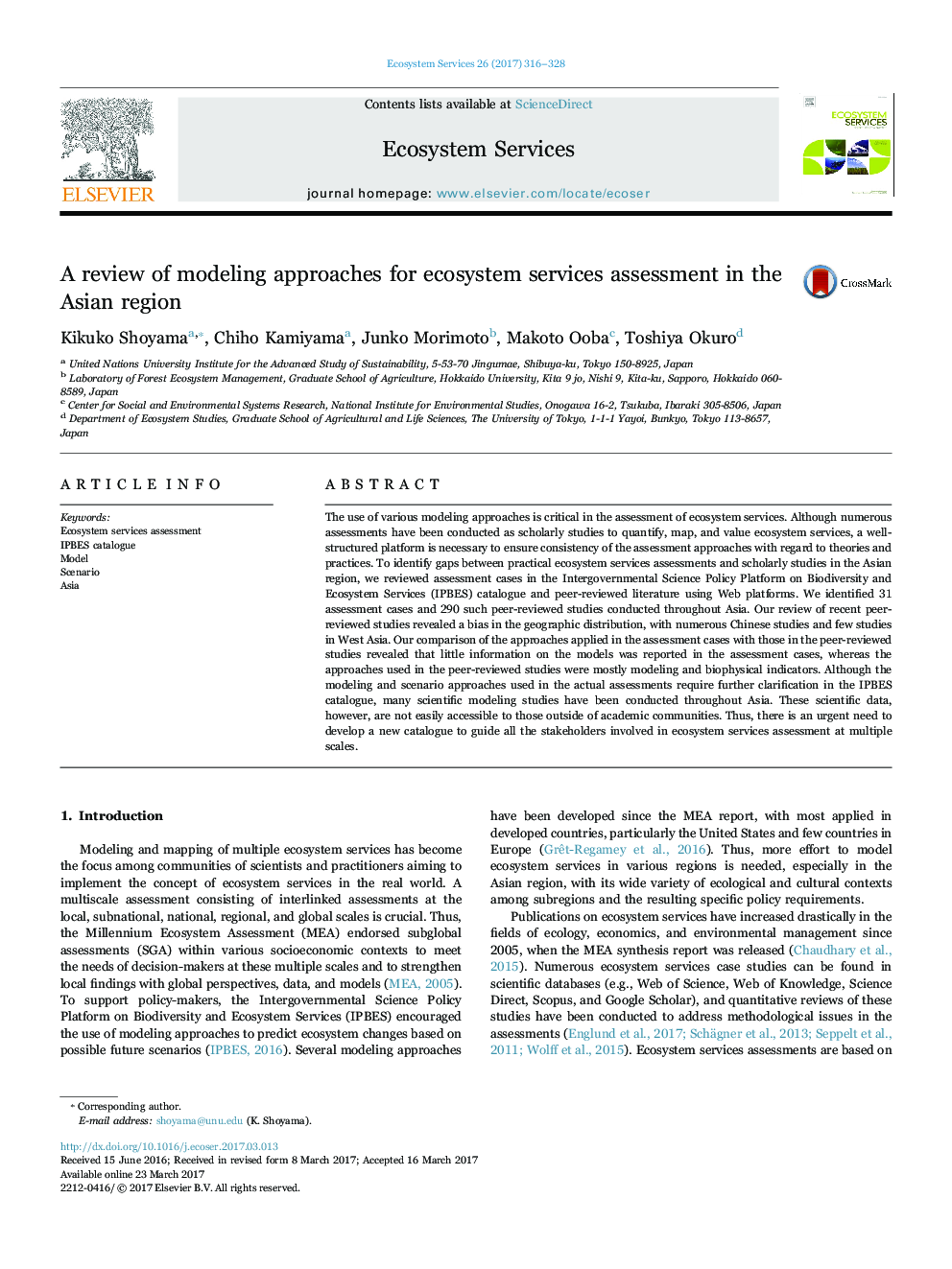 A review of modeling approaches for ecosystem services assessment in the Asian region