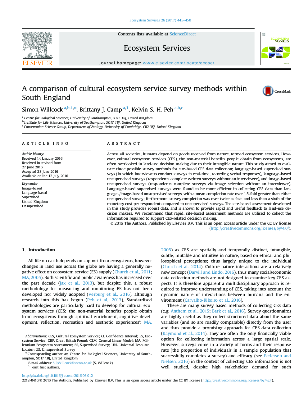 A comparison of cultural ecosystem service survey methods within South England