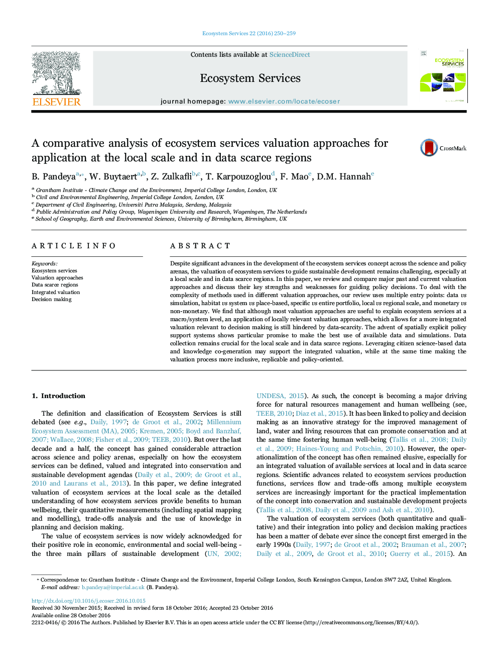 A comparative analysis of ecosystem services valuation approaches for application at the local scale and in data scarce regions