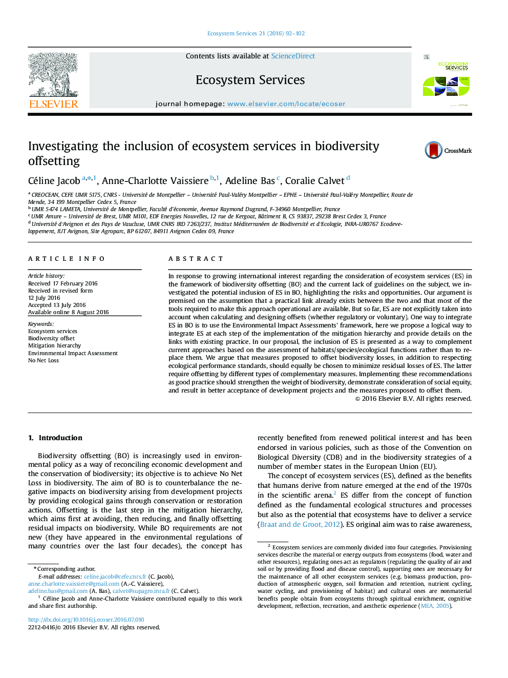 Investigating the inclusion of ecosystem services in biodiversity offsetting