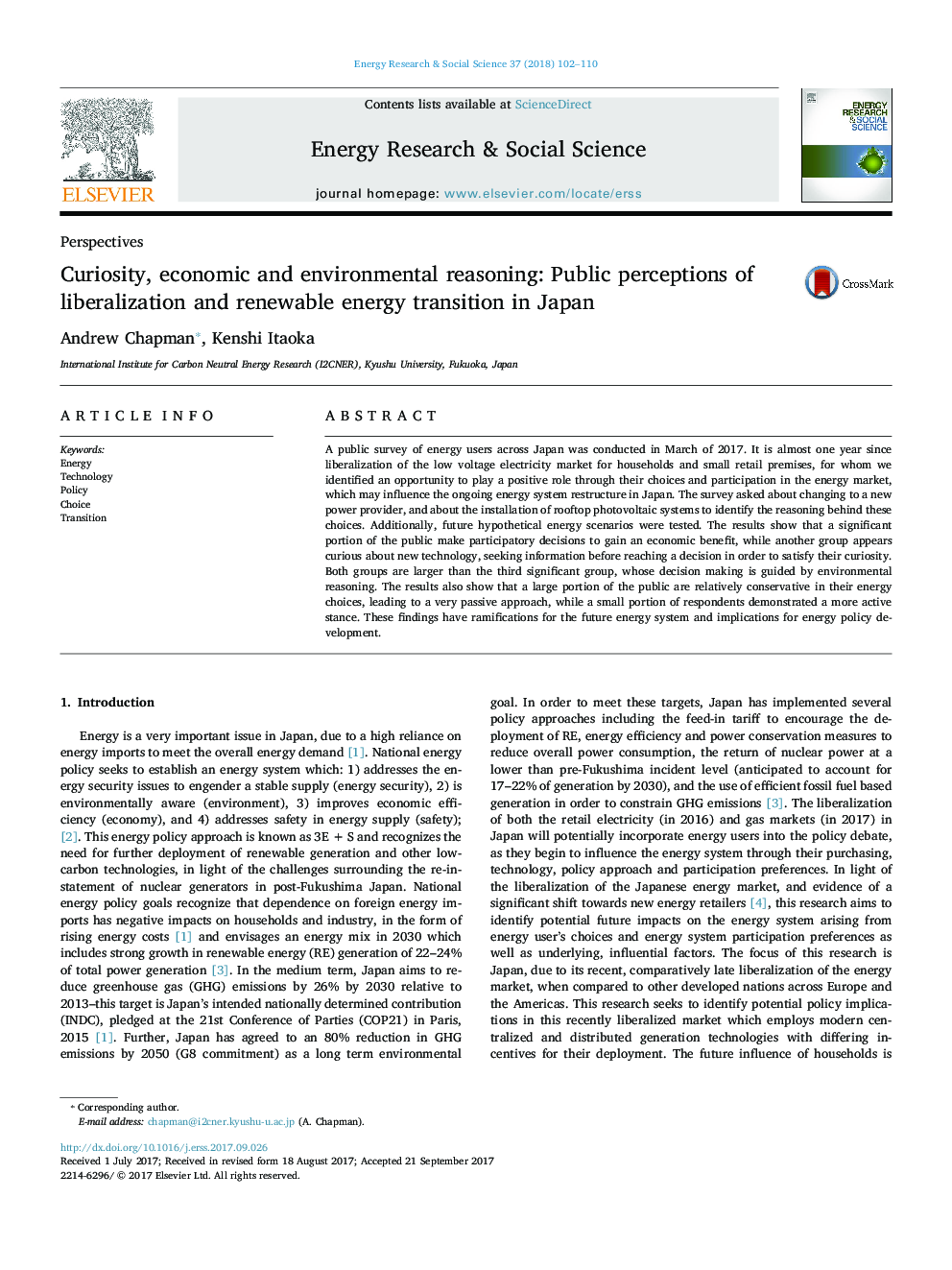 Curiosity, economic and environmental reasoning: Public perceptions of liberalization and renewable energy transition in Japan