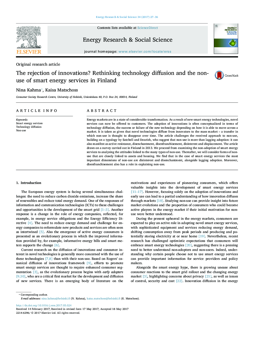 The rejection of innovations? Rethinking technology diffusion and the non-use of smart energy services in Finland