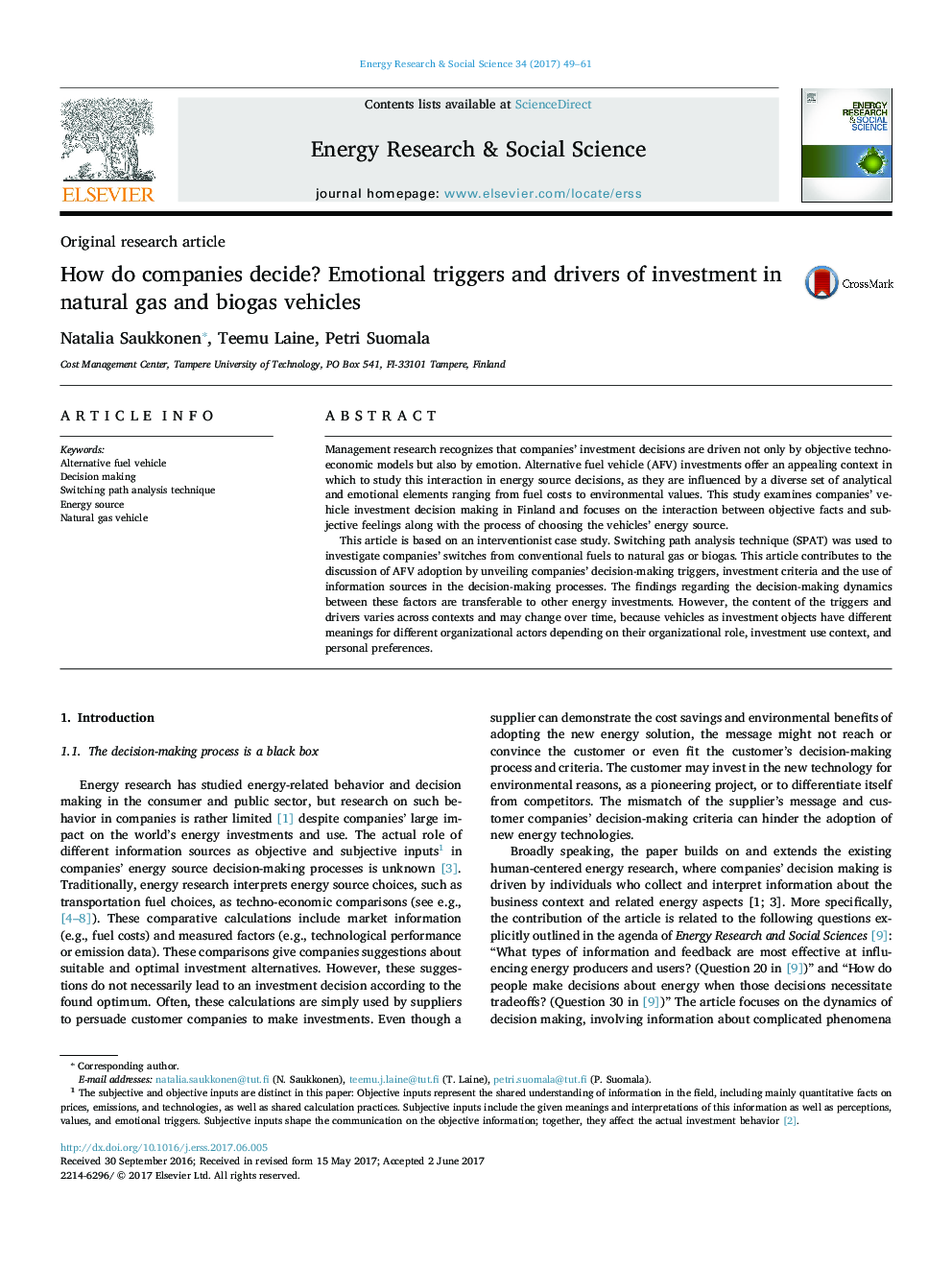 How do companies decide? Emotional triggers and drivers of investment in natural gas and biogas vehicles