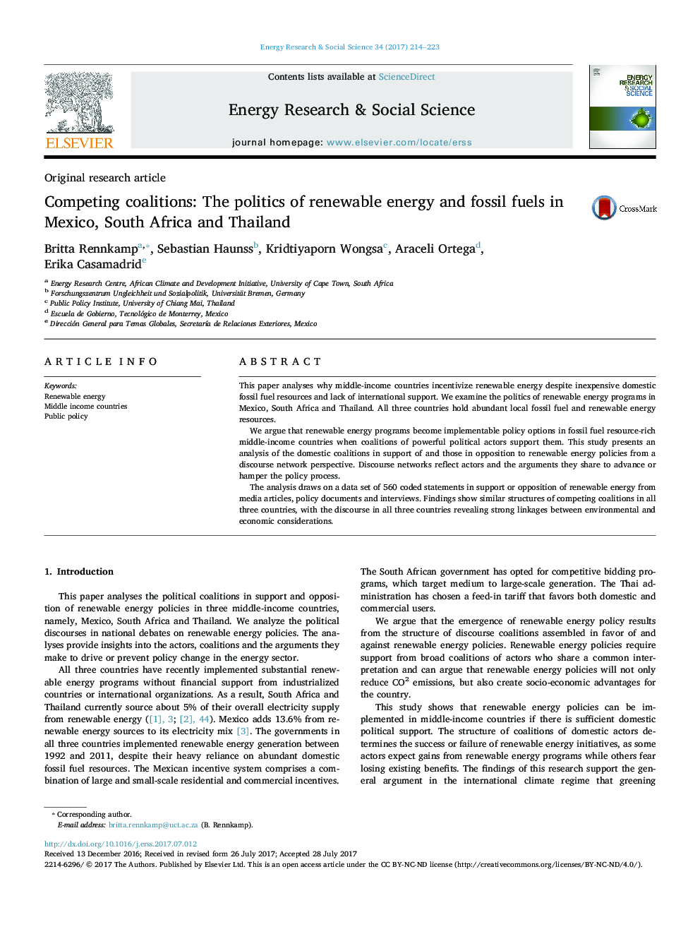 Competing coalitions: The politics of renewable energy and fossil fuels in Mexico, South Africa and Thailand