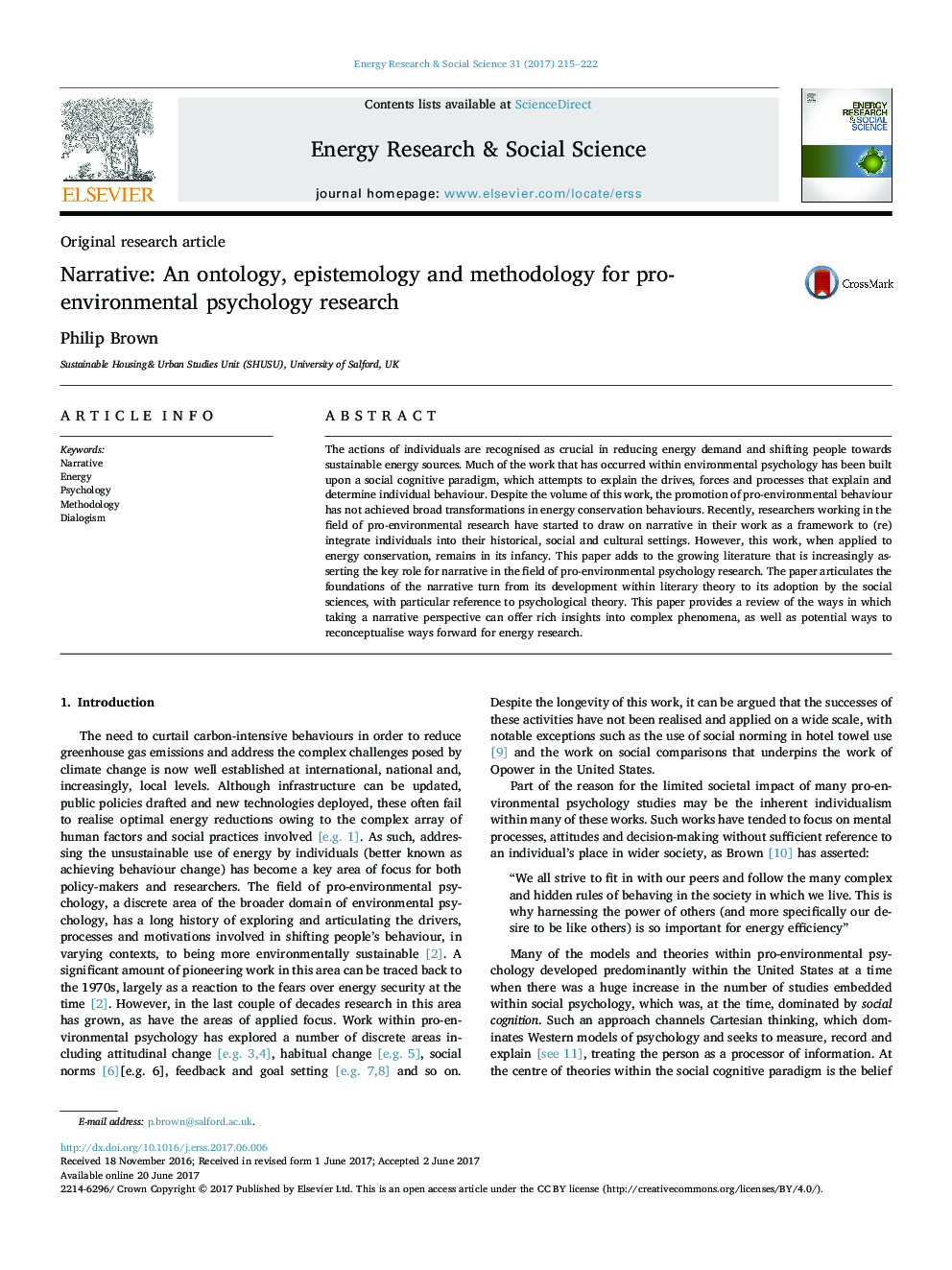 Narrative: An ontology, epistemology and methodology for pro-environmental psychology research