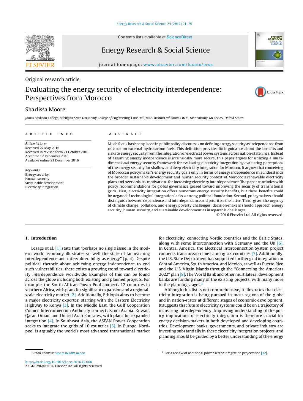 Evaluating the energy security of electricity interdependence: Perspectives from Morocco