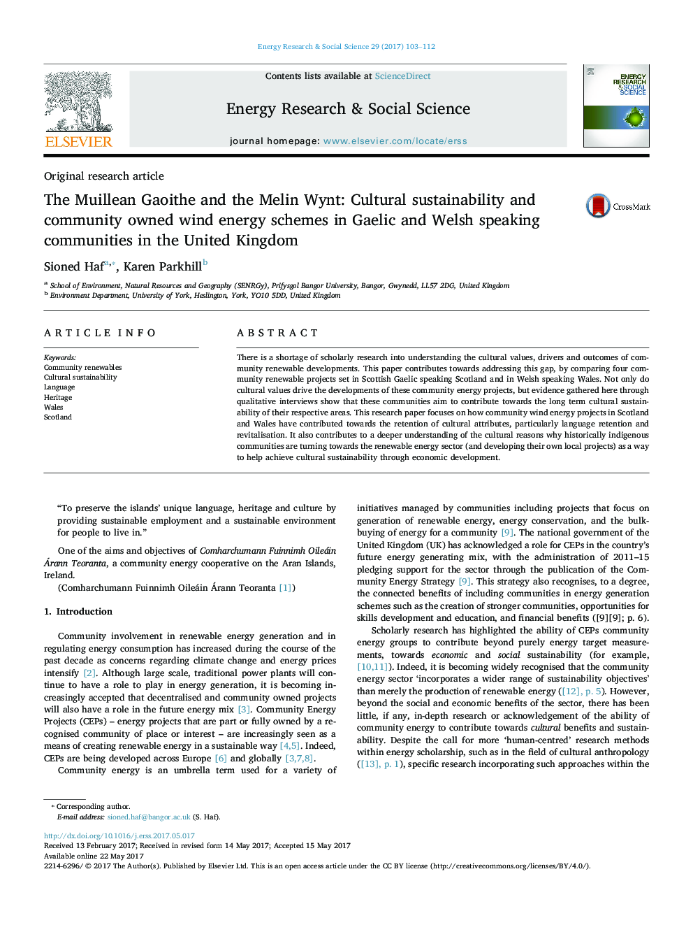 The Muillean Gaoithe and the Melin Wynt: Cultural sustainability and community owned wind energy schemes in Gaelic and Welsh speaking communities in the United Kingdom