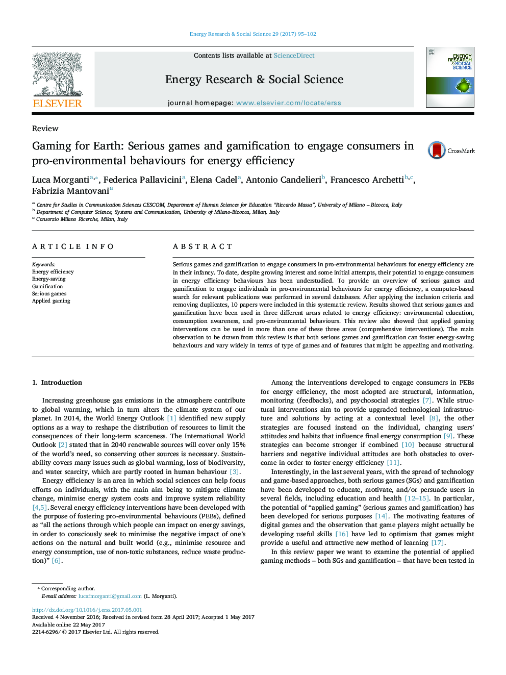 Gaming for Earth: Serious games and gamification to engage consumers in pro-environmental behaviours for energy efficiency