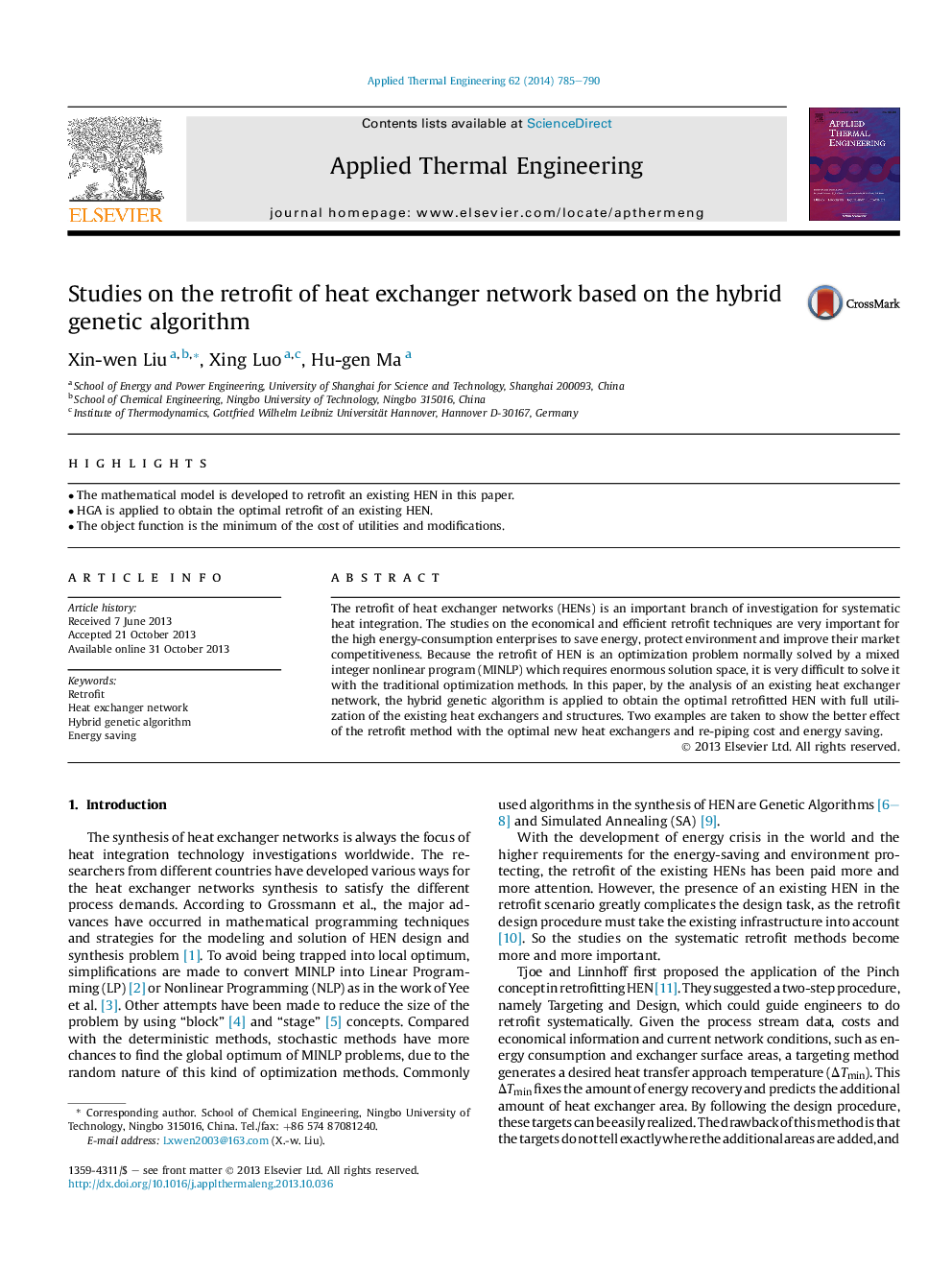 Studies on the retrofit of heat exchanger network based on the hybrid genetic algorithm