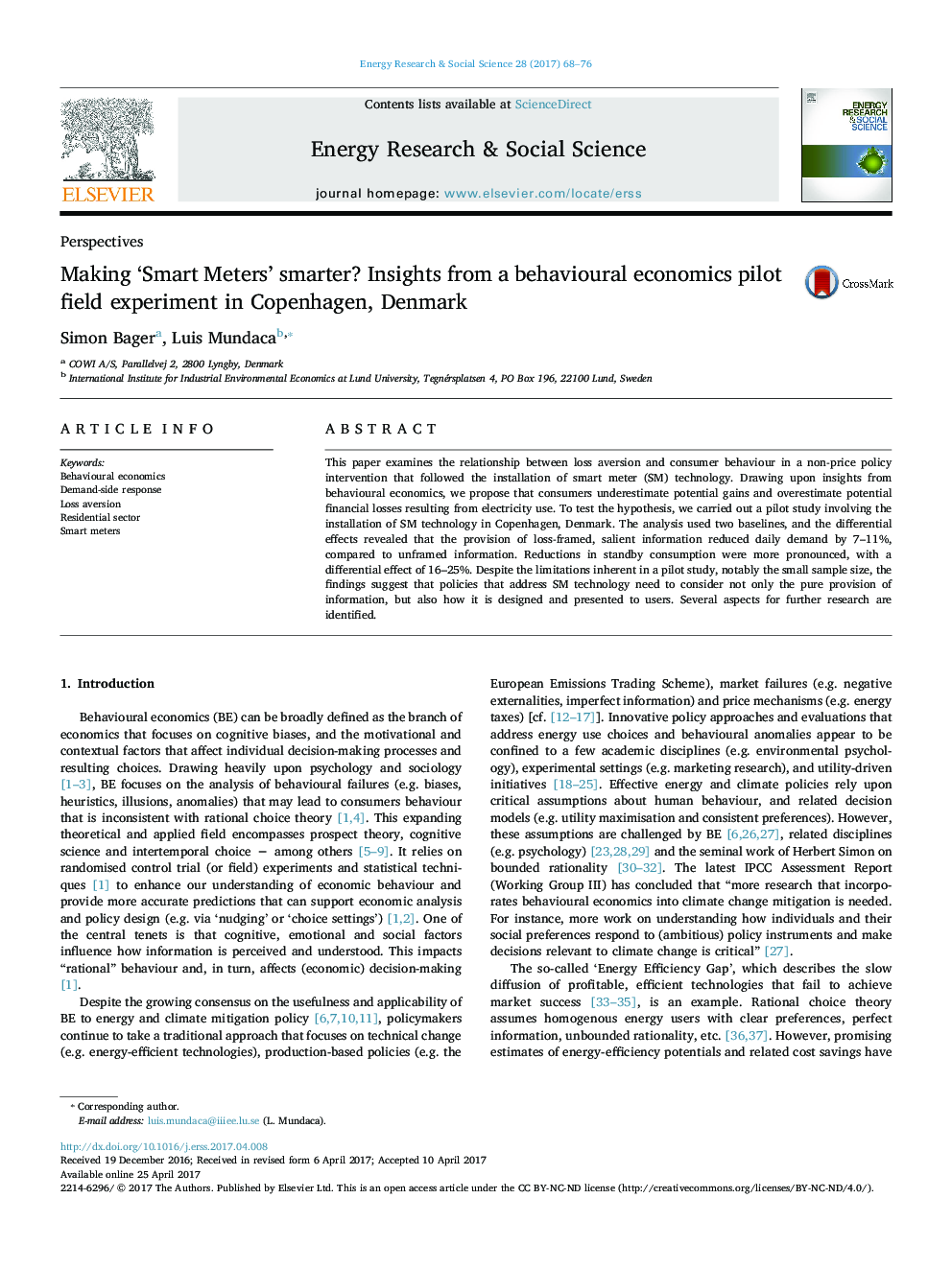 Making 'Smart Meters' smarter? Insights from a behavioural economics pilot field experiment in Copenhagen, Denmark