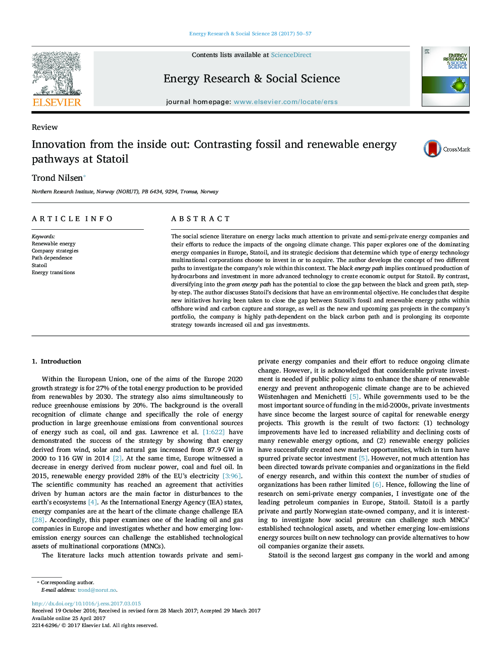 Innovation from the inside out: Contrasting fossil and renewable energy pathways at Statoil