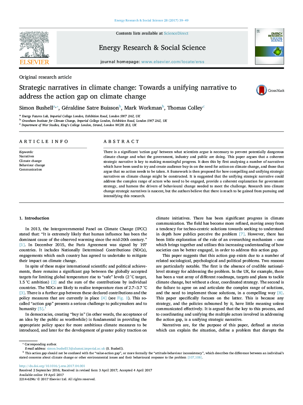 Strategic narratives in climate change: Towards a unifying narrative to address the action gap on climate change