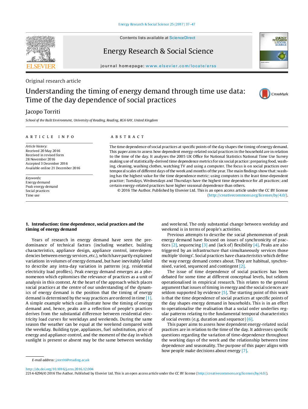 Understanding the timing of energy demand through time use data: Time of the day dependence of social practices