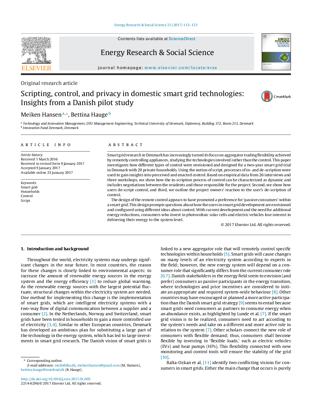 Scripting, control, and privacy in domestic smart grid technologies: Insights from a Danish pilot study