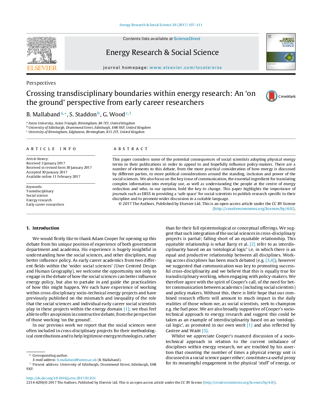 Crossing transdisciplinary boundaries within energy research: An 'on the ground' perspective from early career researchers