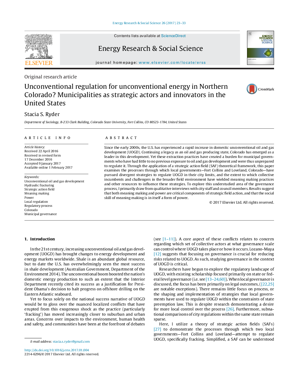 Unconventional regulation for unconventional energy in Northern Colorado? Municipalities as strategic actors and innovators in the United States