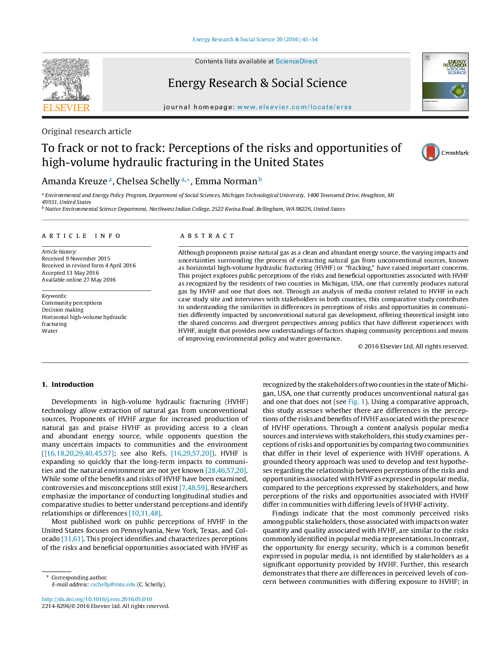 To frack or not to frack: Perceptions of the risks and opportunities of high-volume hydraulic fracturing in the United States