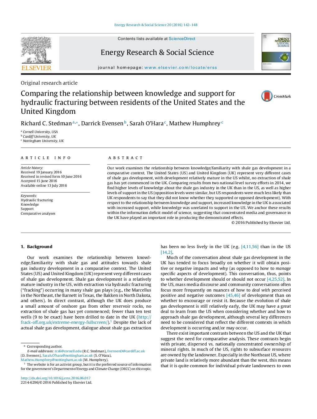 Comparing the relationship between knowledge and support for hydraulic fracturing between residents of the United States and the United Kingdom