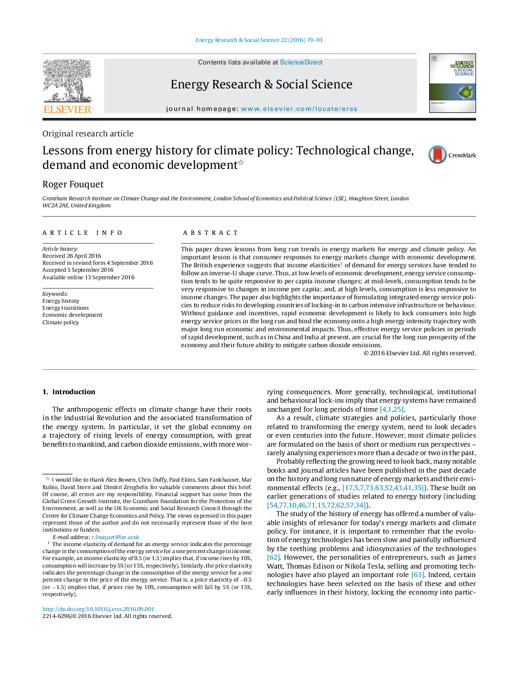 Lessons from energy history for climate policy: Technological change, demand and economic development