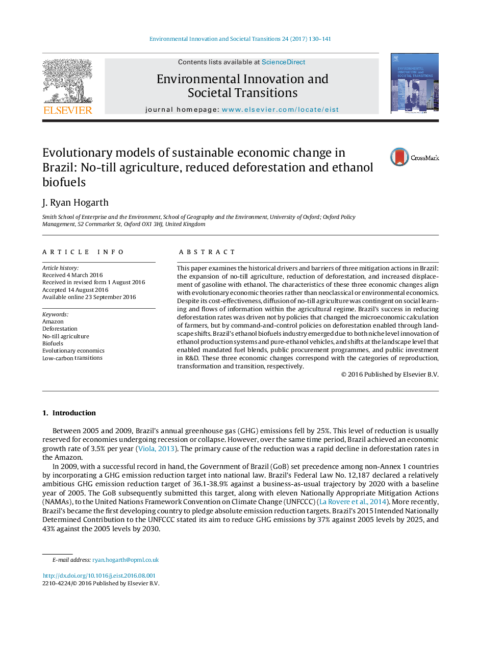 Evolutionary models of sustainable economic change in Brazil: No-till agriculture, reduced deforestation and ethanol biofuels