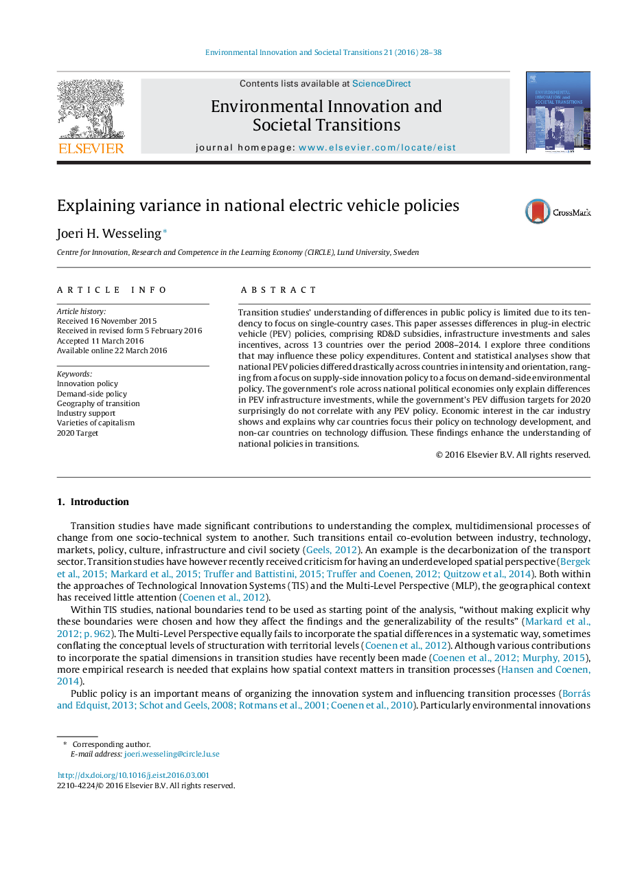 Explaining variance in national electric vehicle policies