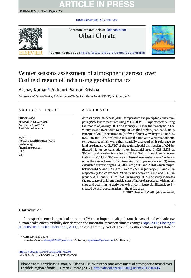 فصل زمستان ارزیابی آئروسل جو در منطقه کوالفیلد هند با استفاده از ژئوآنارکتیک