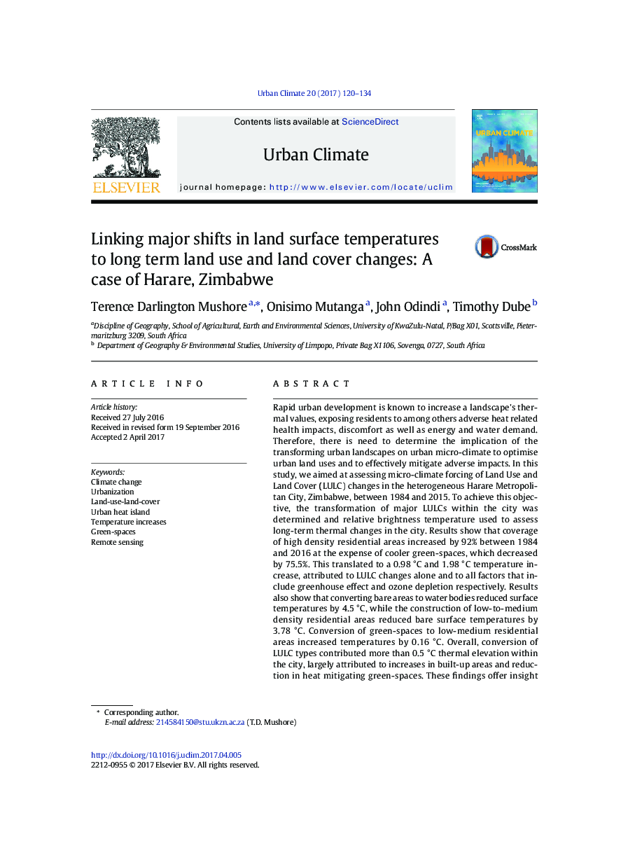 Linking major shifts in land surface temperatures to long term land use and land cover changes: A case of Harare, Zimbabwe