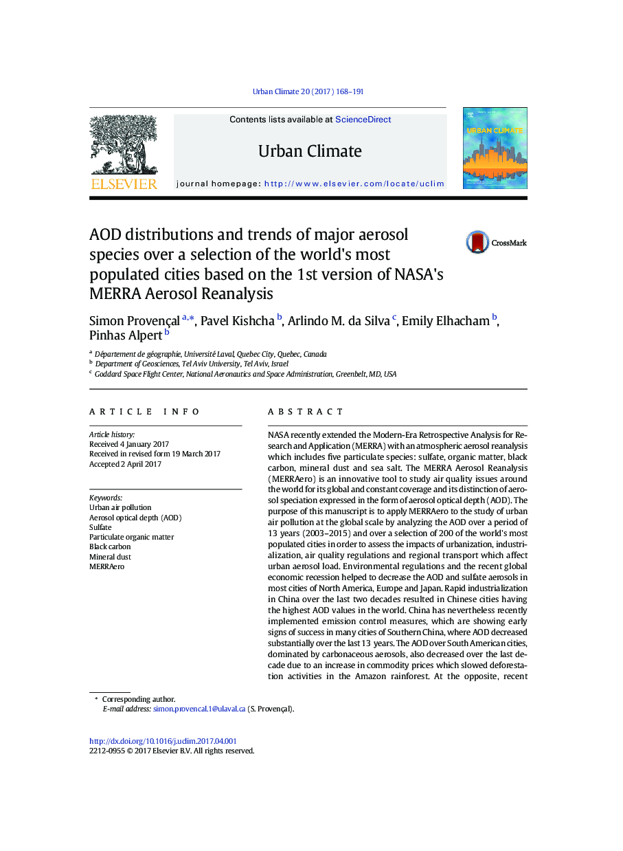 AOD distributions and trends of major aerosol species over a selection of the world's most populated cities based on the 1st version of NASA's MERRA Aerosol Reanalysis