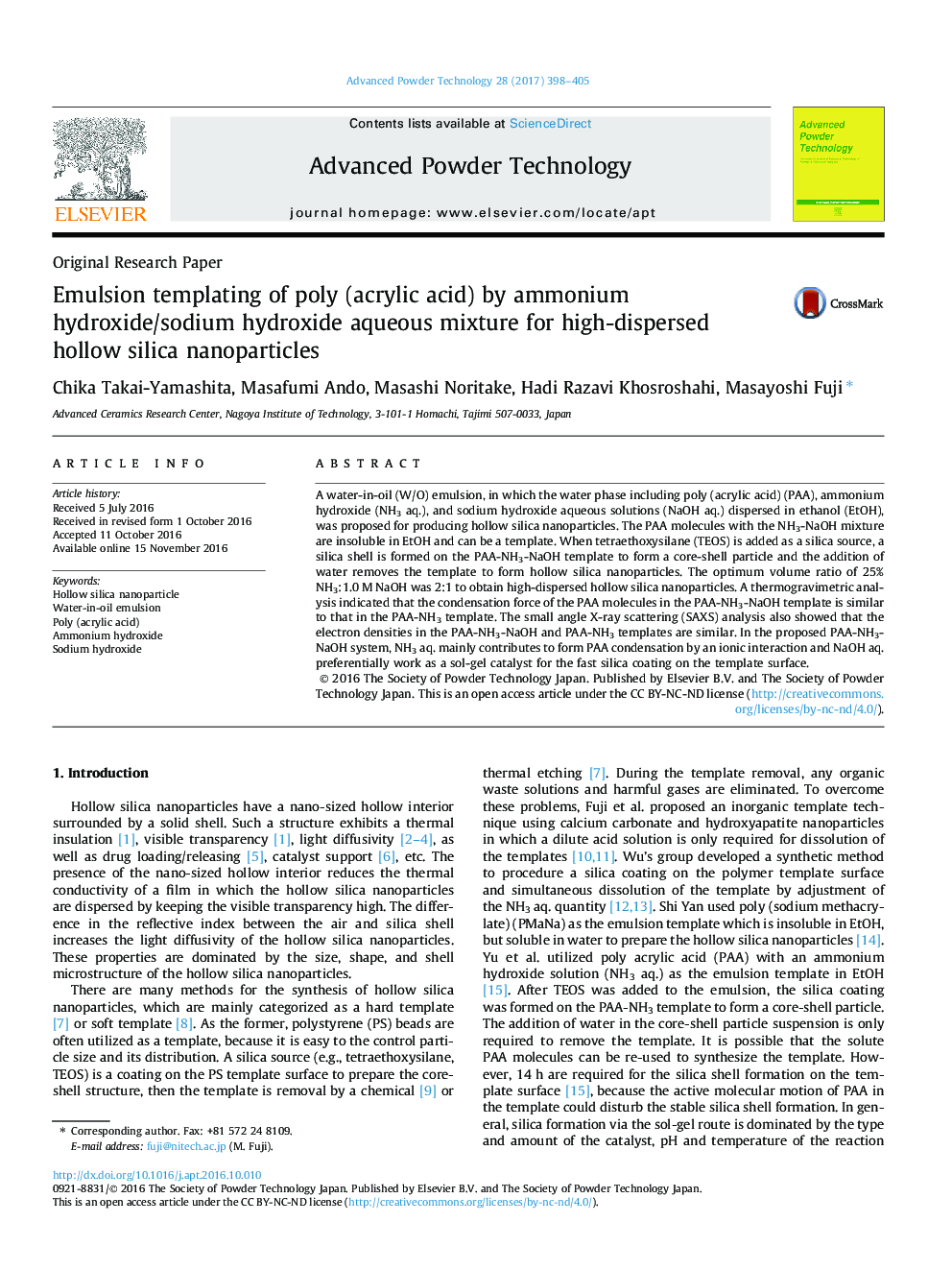 Emulsion templating of poly (acrylic acid) by ammonium hydroxide/sodium hydroxide aqueous mixture for high-dispersed hollow silica nanoparticles