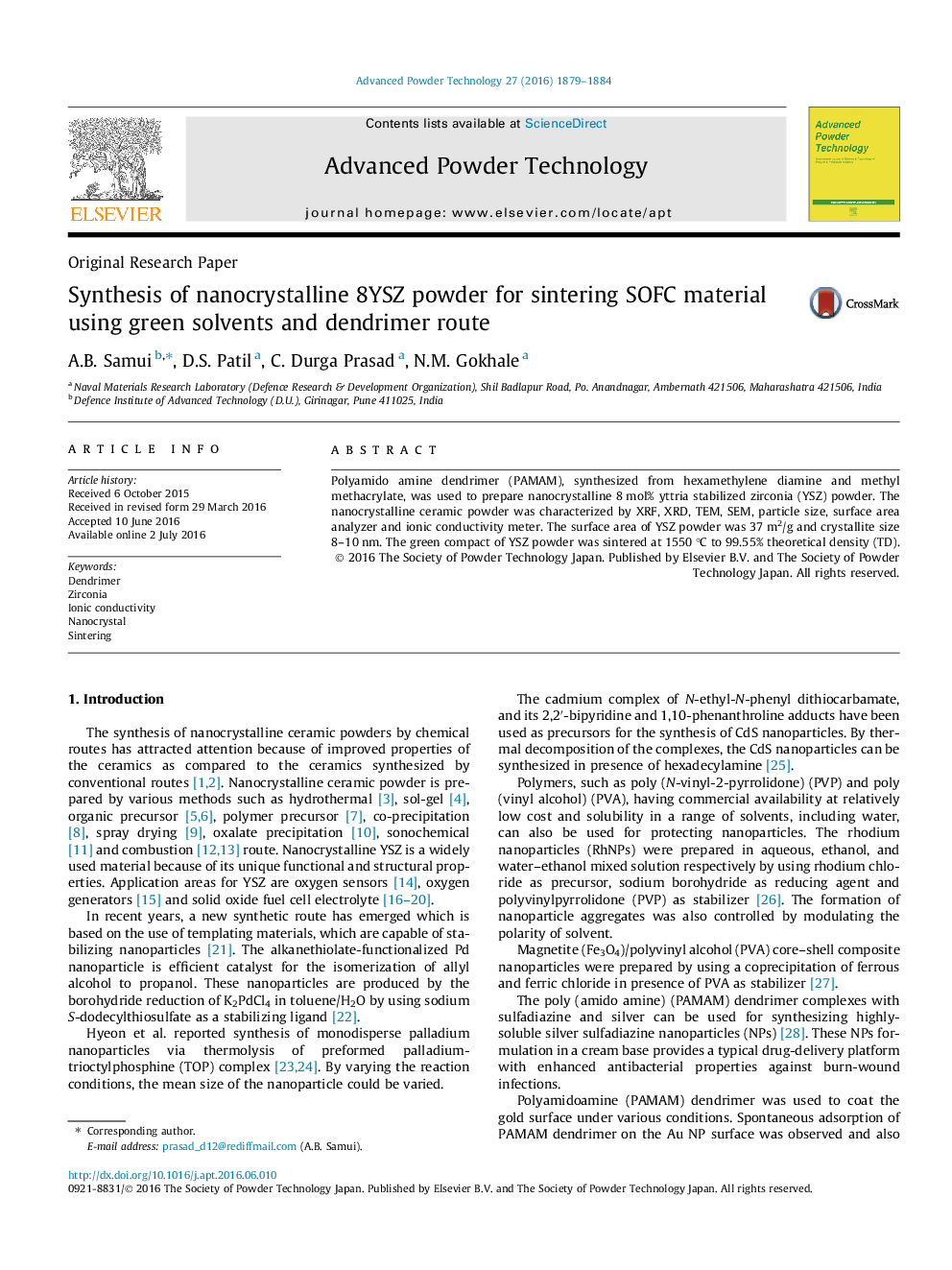 Synthesis of nanocrystalline 8YSZ powder for sintering SOFC material using green solvents and dendrimer route