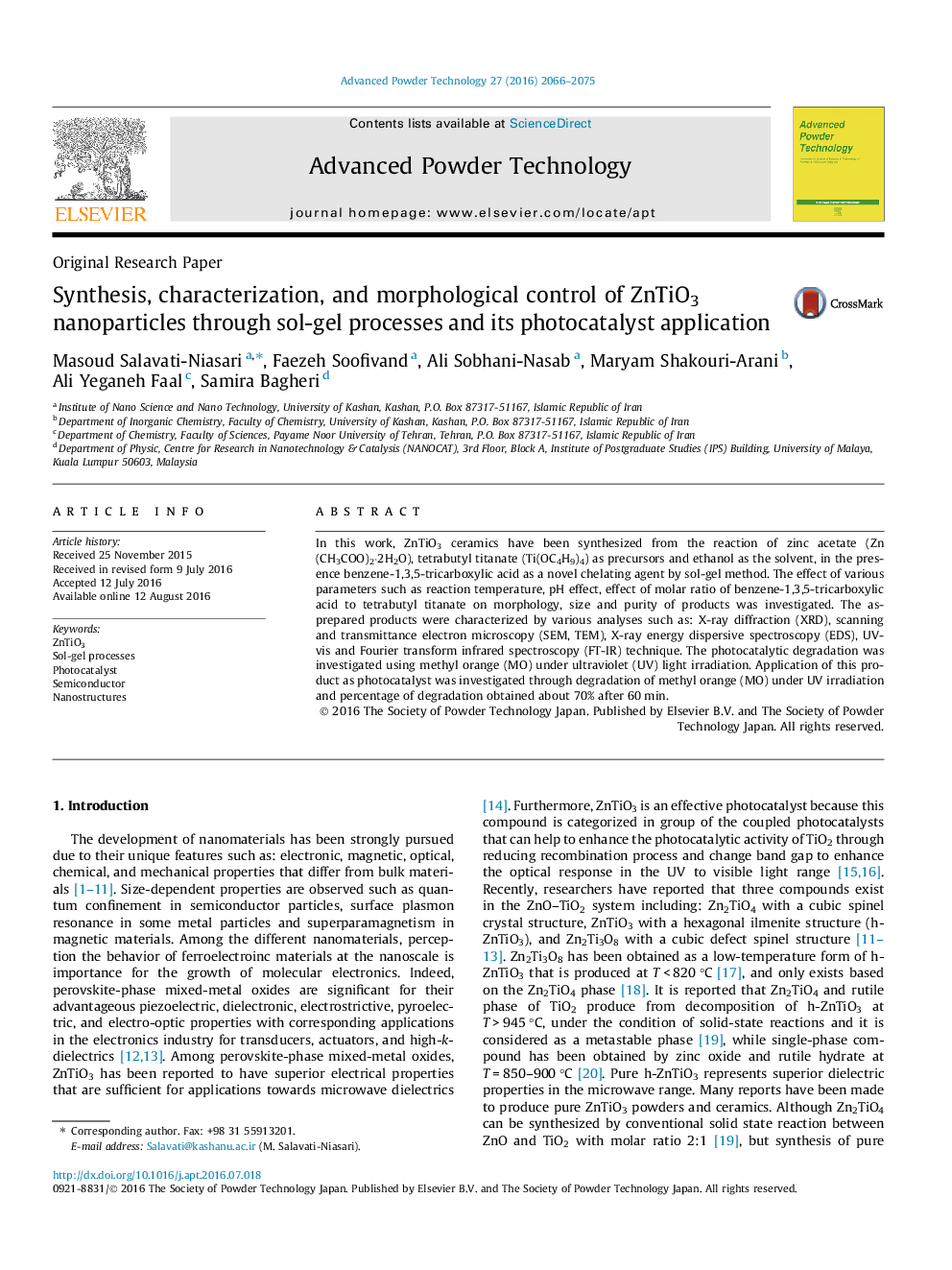 عکس صفحه اول مقاله: Synthesis, characterization, and morphological control of ZnTiO3 nanoparticles through sol-gel processes and its photocatalyst application Synthesis, characterization, and morphological control of ZnTiO3 nanoparticles through sol-gel processes and its photocatalyst application