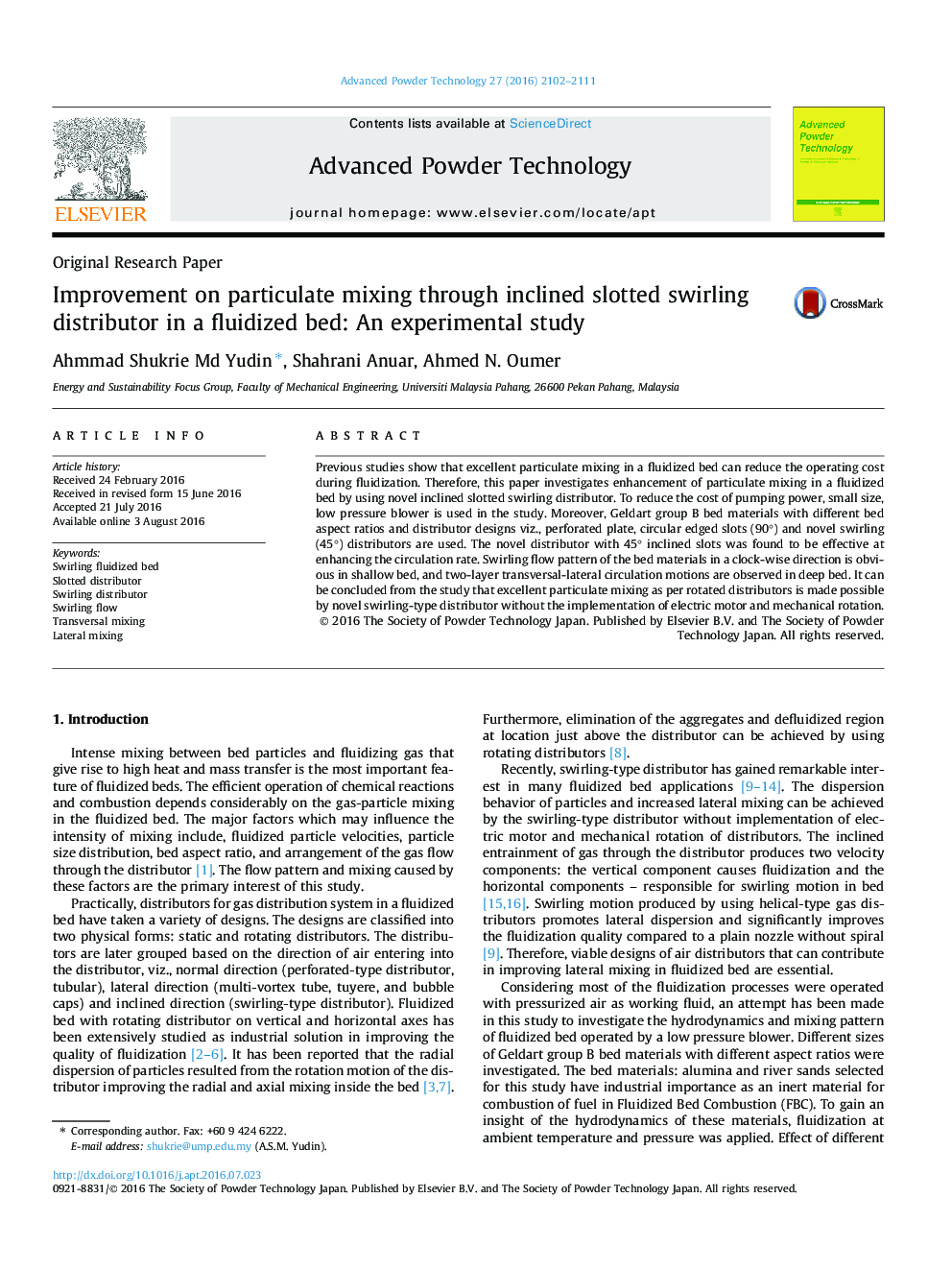 Improvement on particulate mixing through inclined slotted swirling distributor in a fluidized bed: An experimental study