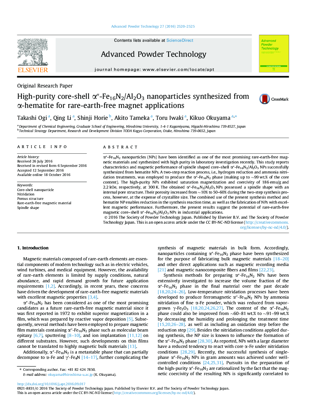 High-purity core-shell Î±â³-Fe16N2/Al2O3 nanoparticles synthesized from Î±-hematite for rare-earth-free magnet applications