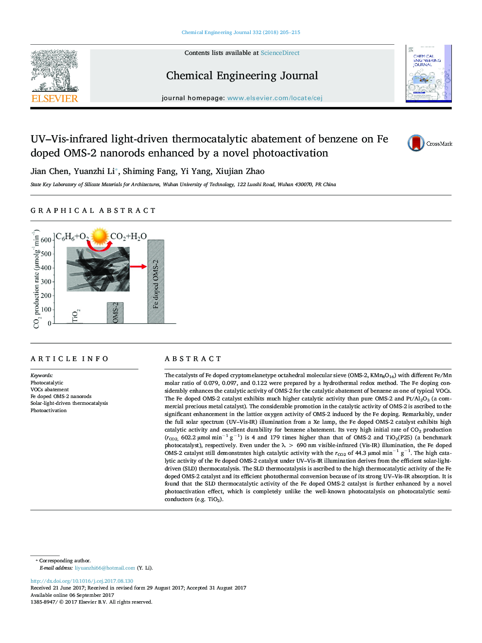 UV-Vis-infrared light-driven thermocatalytic abatement of benzene on Fe doped OMS-2 nanorods enhanced by a novel photoactivation