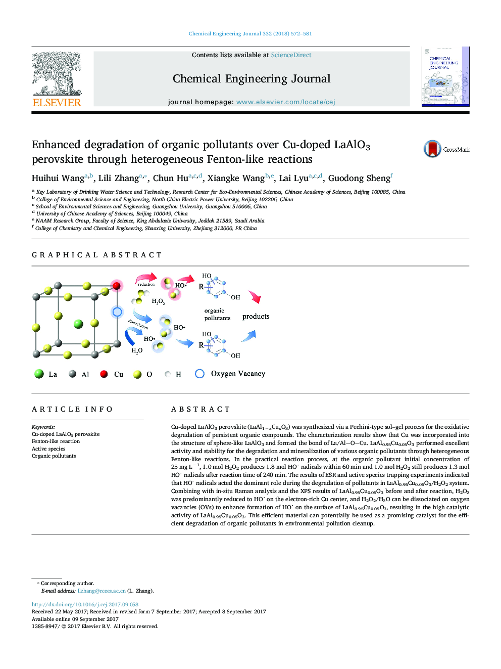 Enhanced degradation of organic pollutants over Cu-doped LaAlO3 perovskite through heterogeneous Fenton-like reactions