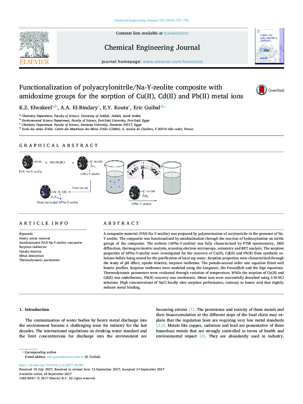 Functionalization of polyacrylonitrile/Na-Y-zeolite composite with amidoxime groups for the sorption of Cu(II), Cd(II) and Pb(II) metal ions