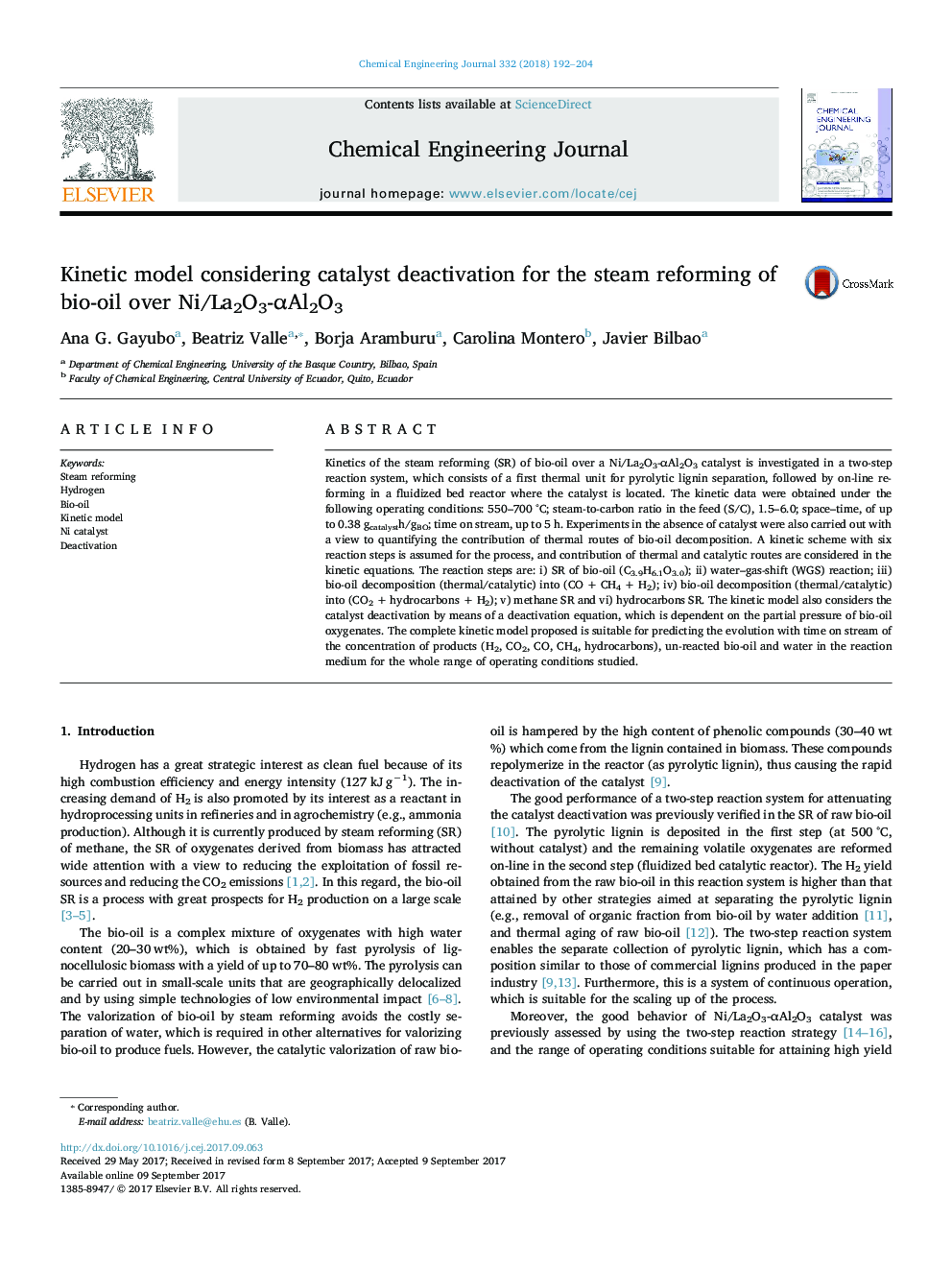 Kinetic model considering catalyst deactivation for the steam reforming of bio-oil over Ni/La2O3-Î±Al2O3