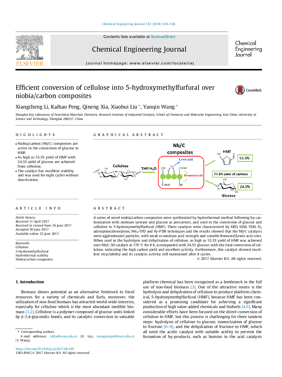 Efficient conversion of cellulose into 5-hydroxymethylfurfural over niobia/carbon composites