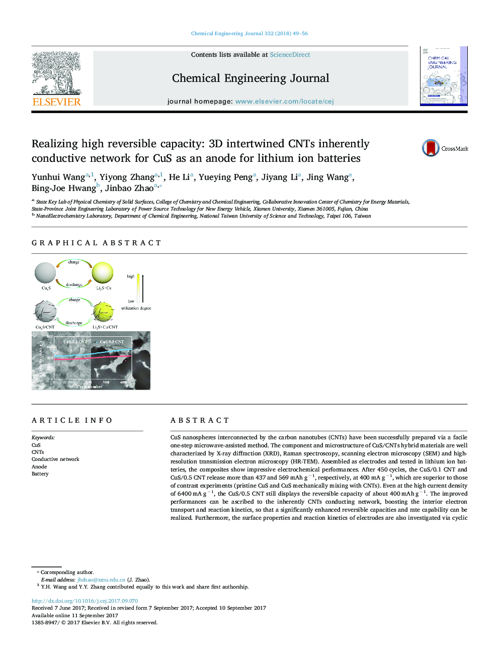 Realizing high reversible capacity: 3D intertwined CNTs inherently conductive network for CuS as an anode for lithium ion batteries