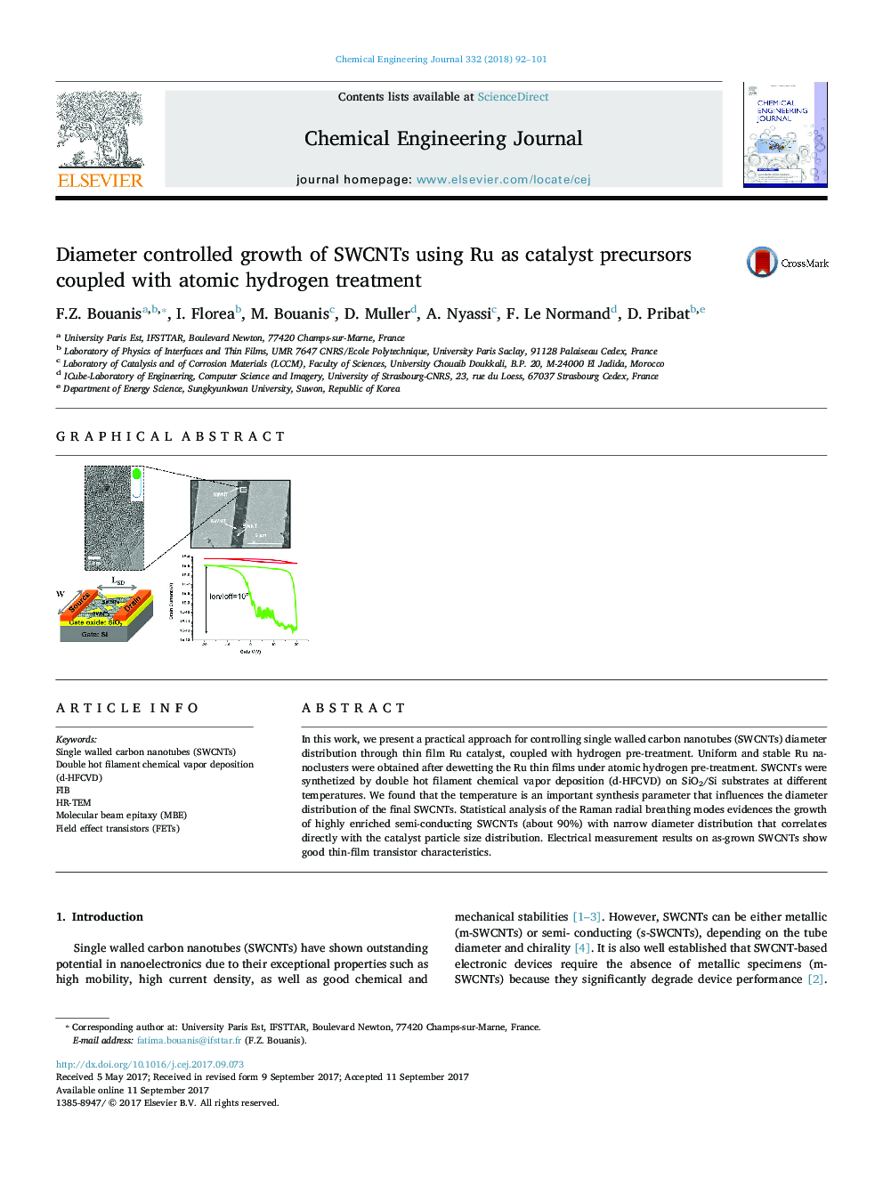 Diameter controlled growth of SWCNTs using Ru as catalyst precursors coupled with atomic hydrogen treatment