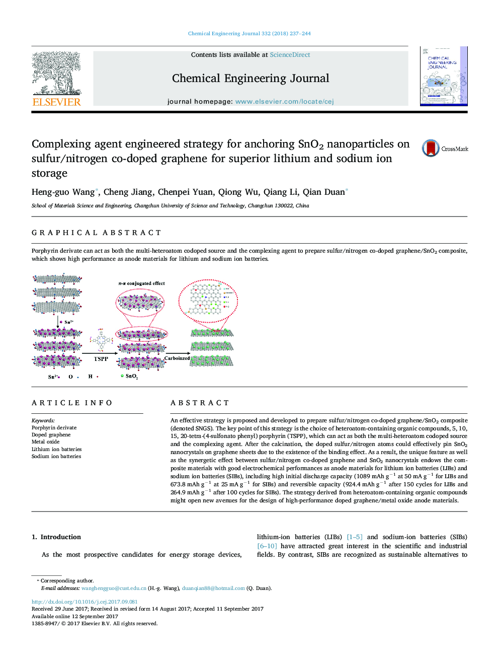 Complexing agent engineered strategy for anchoring SnO2 nanoparticles on sulfur/nitrogen co-doped graphene for superior lithium and sodium ion storage