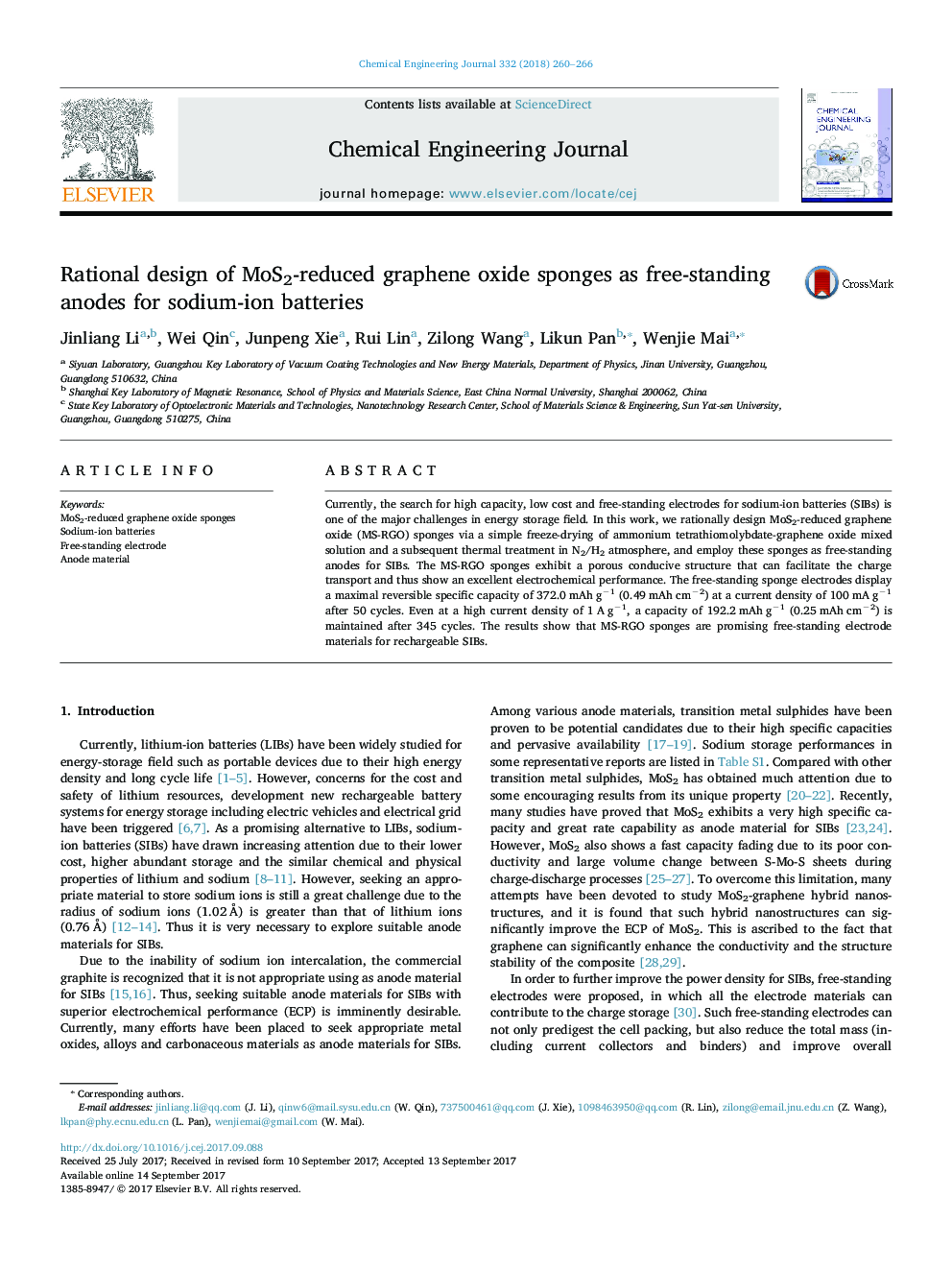 Rational design of MoS2-reduced graphene oxide sponges as free-standing anodes for sodium-ion batteries